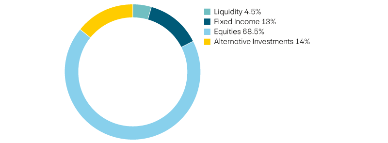 Liquidity 4,5%, income 13%, equities 68,5%, alternative investments 14%
