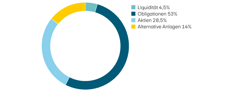 Liquidität 4,5%, Obligationen 53%, Aktien 28,5%, Alternative Anlagen 14%