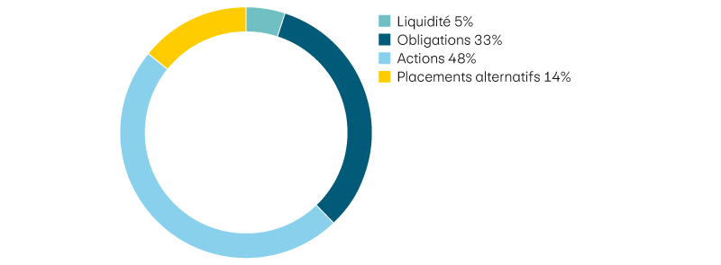 Liquidité 5%, Obligations 33%, Actions 48%, Placements alternatifs 14%
