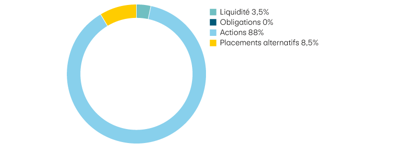 Liquidité 3,5%, Obligations 0%, Actions 88%, Placements alternatifs 8,5%