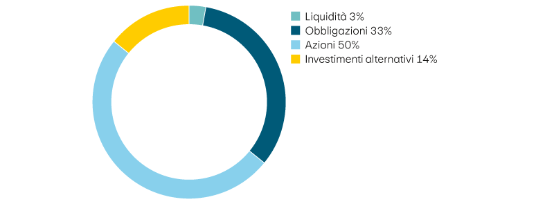 Liquidità 3%, obbligazioni 33%, azioni 50%, investimenti alternativi 14%