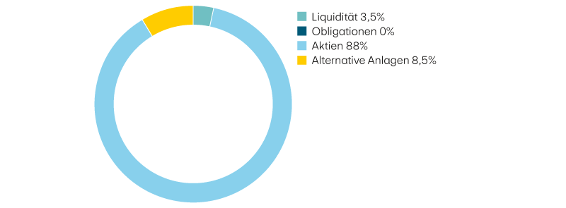 Liquidität 3,5%, Obligationen 0%, Aktien 88%, Alternative Anlagen 8,5%