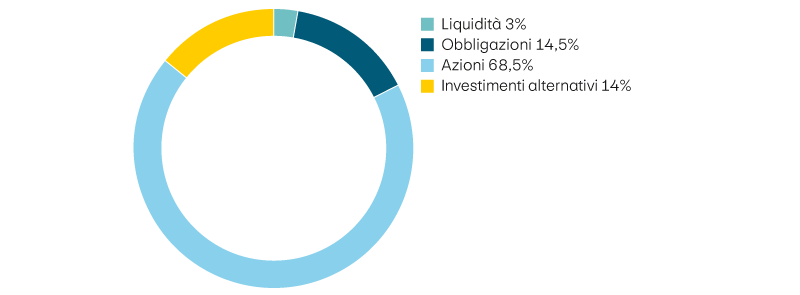 Liquidità 3%, obbligazioni 14,5%, azioni 68,5%, investimenti alternativi 14%