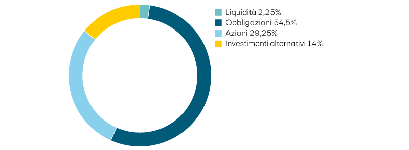 Liquidità 2,25%, obbligazioni 54,5%, azioni 29,25%, investimenti alternativi 14%
