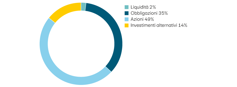 Liquidità 2%, obbligazioni 35%, azioni 49%, investimenti alternativi 14%
