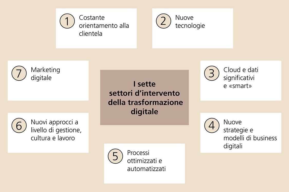 I sette settori d’intervento della trasformazione digitale: 1 orientamento costante alla clientela, 2 nuove tecnologie, 3 cloud e dati significativi «smart», 4 nuove strategie e modelli di business digitali, 5 processi ottimizzati e automatizzati, 6 nuovi approcci a livello di gestione, cultura e lavoro, 7 marketing digitale
