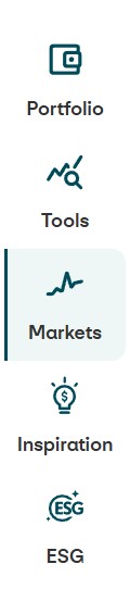 Portfolio “Icon of a screen with a diagram, label: Portfolio.” | Tools “Icon of a magnifying glass above a curve, label: Tools.” | Markets (active element, highlighted) “Icon of an upwards line, label: Markets.” | Inspiration “Icon of a lightbulb, label: Inspiration, currently selected.” | Trading space “Icon of a square grid, label: Trading space.” 