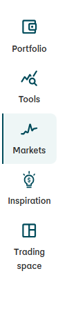 Portfolio “Icon of a screen with a diagram, label: Portfolio.” | Tools “Icon of a magnifying glass above a curve, label: Tools.” | Markets (active element, highlighted) “Icon of an upwards line, label: Markets.” | Inspiration “Icon of a lightbulb, label: Inspiration, currently selected.” | Trading space “Icon of a square grid, label: Trading space.”