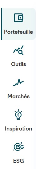 Portefeuille (élément actif, mis en évidence) «Icône représentant un écran avec un diagramme, titre: Portefeuille.» | Outils «Icône représentant une loupe au-dessus d’une courbe, titre: Outils.» | Marchés «Icône représentant une ligne ascendante, titre: Marchés.» Inspiration | «Icône représentant une ampoule, titre: Inspiration, actuellement sélectionnée.» | Espace de trading «Icône représentant une grille carrée, titre: Espace de trading.»