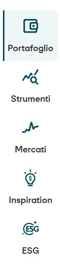 Portafoglio (elemento attivo, evidenziato) «Simbolo di una schermata con grafico, scritta: portafoglio.» | Strumenti «Simbolo di una lente d’ingrandimento su una curva, scritta: strumenti». | Mercati «Simbolo di una linea crescente, scritta: mercati.» | Ispirazione «Simbolo di una lampadina, scritta: ispirazione, selezione attuale.» | Area di trading «Simbolo di una griglia quadrata, scritta: area di trading.» 