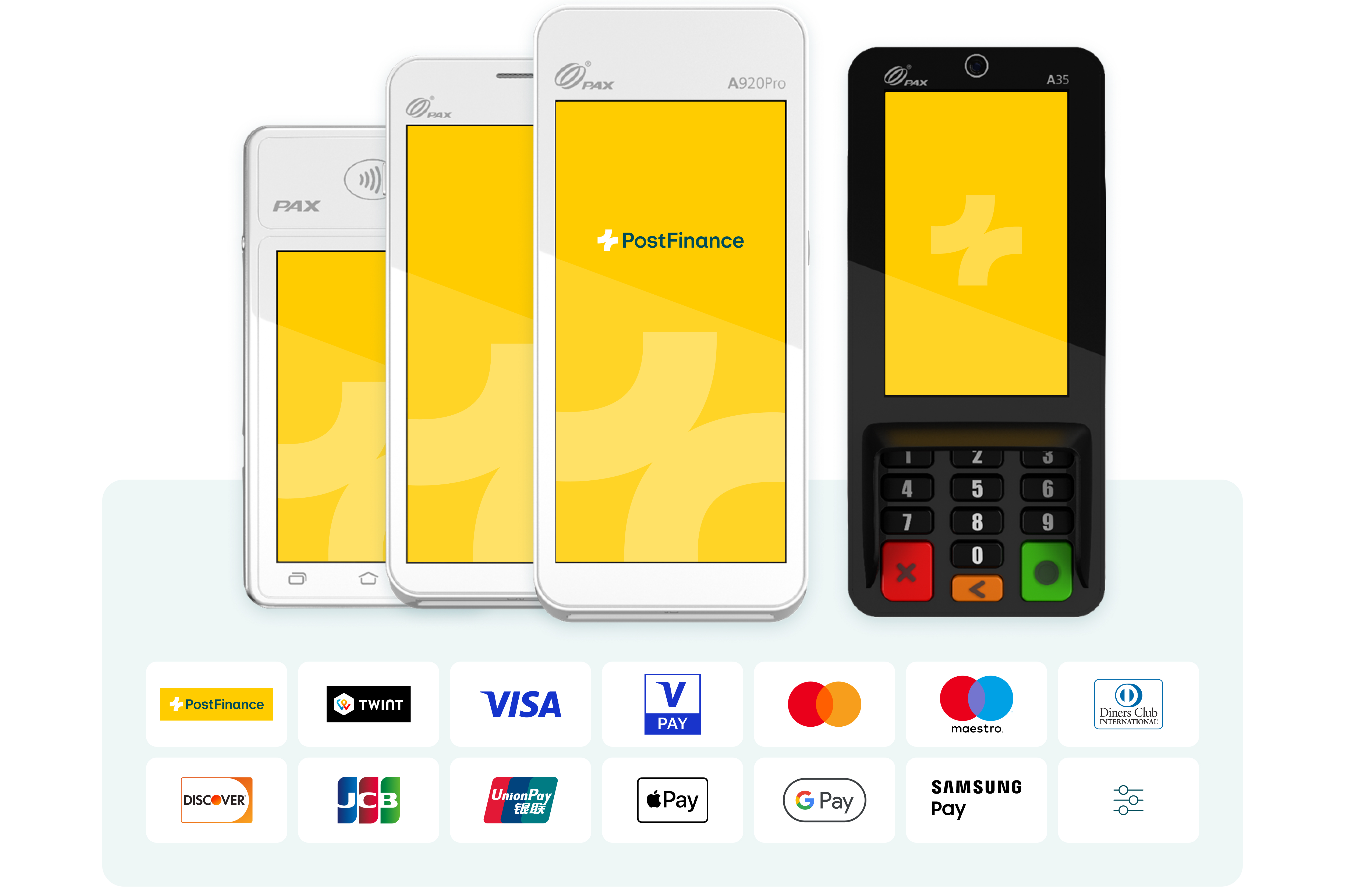 The image shows the four card terminal models you can choose from. The logos of the common payment methods that you can offer with the payment solution are also displayed.