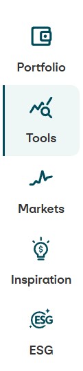 Portfolio “Icon of a screen with a diagram, label: Portfolio.” | Tools (active element, highlighted) “Icon of a magnifying glass above a curve, label: Tools.” | Markets  “Icon of an upwards line, label: Markets.” | Inspiration “Icon of a lightbulb, label: Inspiration, currently selected.” | Trading space “Icon of a square grid, label: Trading space.” 