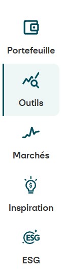 Portefeuille  «Icône représentant un écran avec un diagramme, titre: Portefeuille.» | Outils (élément actif, mis en évidence) «Icône représentant une loupe au-dessus d’une courbe, titre: Outils.» Marchés | «Icône représentant une ligne ascendante, titre: Marchés.» Inspiration | «Icône représentant une ampoule, titre: Inspiration, actuellement sélectionnée.» | Espace de trading «Icône représentant une grille carrée, titre: Espace de trading.» 