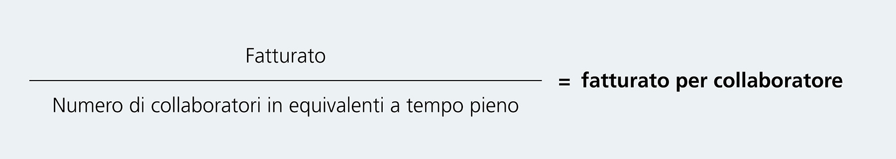 Il grafico mostra la formula per il calcolo del fatturato per collaboratore. Occorre dividere il fatturato per il numero di collaboratori (in equivalenti a tempo pieno).