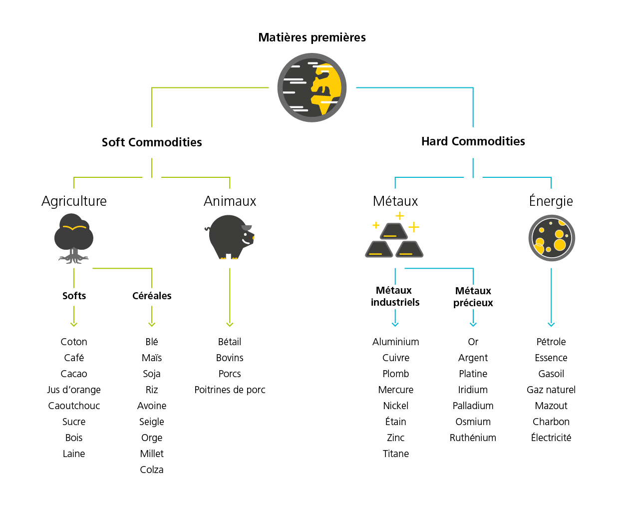 Le graphique illustre les différents types de matières premières à l’aide d’un organigramme. Tout en haut, on trouve l’icône d’une planète ainsi que l’inscription «Matière premières». Celles-ci se subdivisent en deux branches: d’un côté les «Soft Commodities» et de l’autre les «Hard Commodities». Les «Soft Commodities» se répartissent entre l’agriculture (représentée par l’icône d’un arbre) et les animaux (représentés par l’icône d’un cochon). Les animaux incluent notamment le bétail, les bovins, les porcs et les poitrines de porc. L’agriculture se divise en deux catégories: les softs et les céréales. Les softs incluent notamment le coton, le café, le cacao, le jus d’orange, le caoutchouc, le sucre, le bois et la laine. Les céréales incluent le blé, le maïs, le soja, le riz, l’avoine, le seigle, l’orge, le millet et le colza.  Les «Hards Commodities» sont réparties entre les métaux (illustrés par une icône de lingots d’or) et l’énergie (illustrée par l’icône d’un gaz). Par énergie, on entend par exemple le pétrole, l’essence, le gasoil, le gaz naturel, le mazout, le charbon et l’électricité. Les métaux sont répartis entre les métaux industriels et les métaux précieux. Les métaux industriels incluent l’aluminium, le cuivre, le plomb, le mercure, le nickel, l’étain, le zinc et le titane. Les métaux précieux incluent l’or, l’argent, le platine, l’iridium, le palladium, l’osmium et le ruthénium.