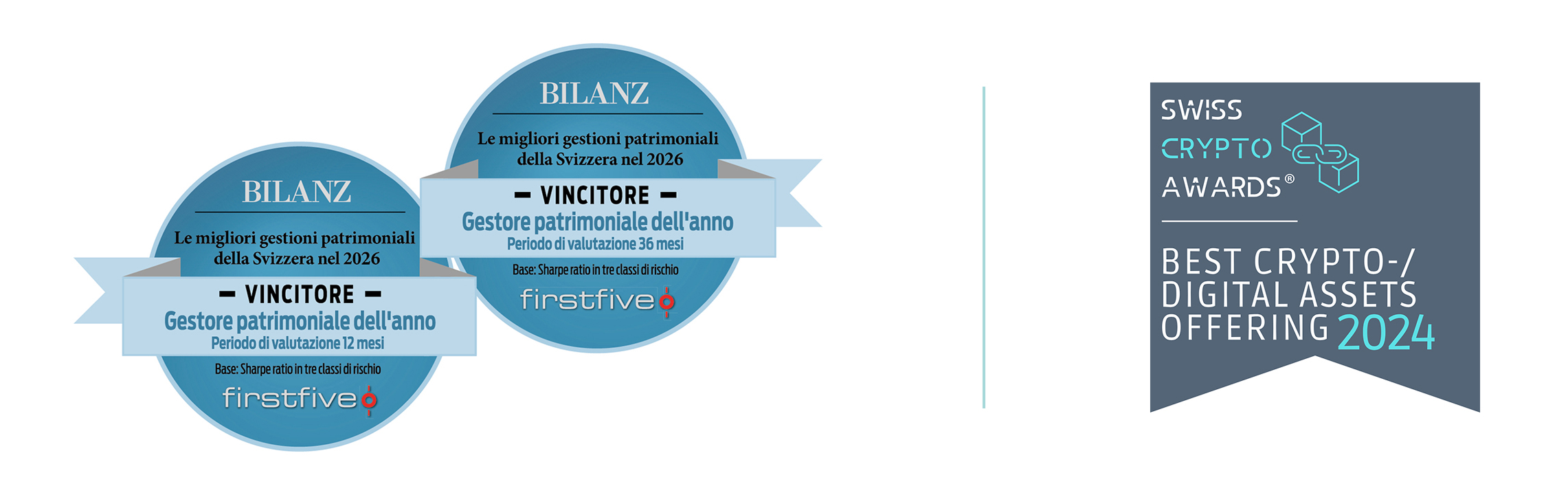 Logo BILANCIO dei gestori patrimoniali VINCITORI 2026 tra 12 e 36 mesi; Swiss Crypto Awards 2024