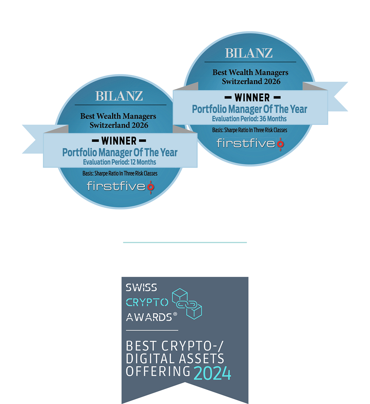 Logo BILANZ SIEGER asset manager of 2026 over a period of 12 and 36 months; Swiss Crypto Awards 2024