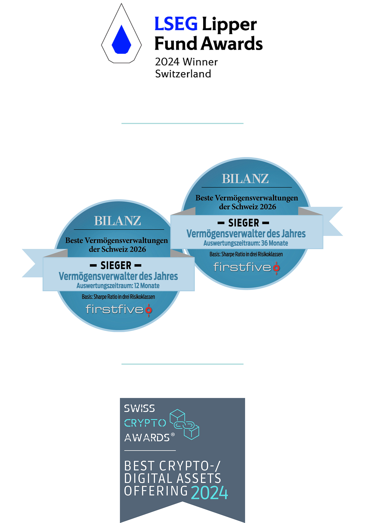 Logo LSEG Lipper Fund Awards 2024 Winner; Doppelsiegel BILANZ Vermögensverwalter des Jahres 2026 im Zeitraum von 12 und 36 Monaten; Swiss Crypto Awards 2024