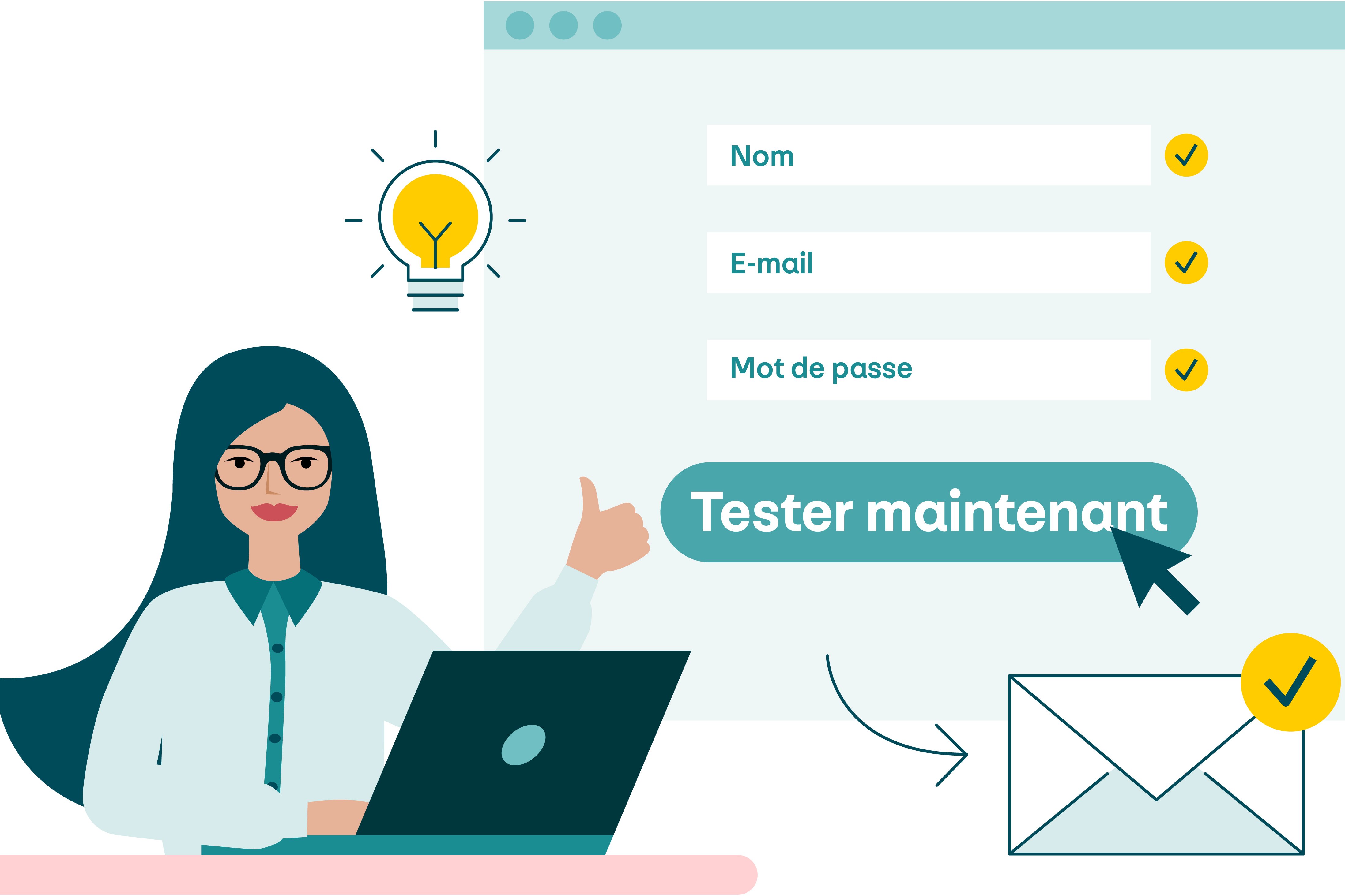Illustration de la création d’un compte utilisateur avec indication du nom, de l’e-mail, du mot de passe et du bouton «Tester maintenant».