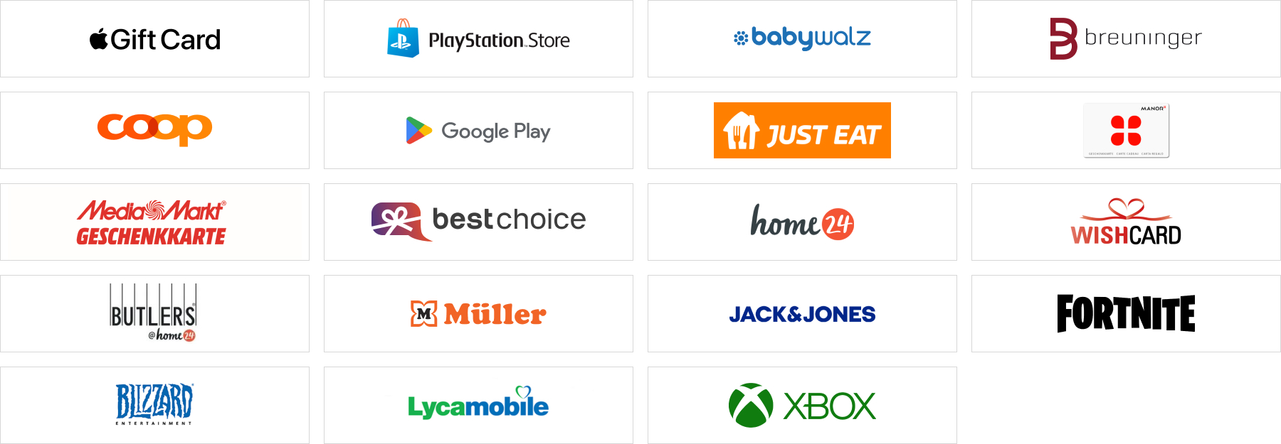 Offerenti disponibili: PlayStation Store, Manor, Apple Gift Card, About you, Zalando, H&M, Google Play, Netflix, Coop, Adidas, Rituals, Breuninger, Xbox, Just eat, baby-walz, BestChoice, MediaMarkt