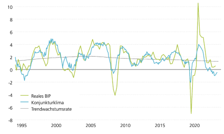 Die Grafik zeigt das tatsächliche Jahreswachstum des Schweizer Bruttoinlandprodukts (BIP) seit 1995, dessen langfristigen Trend und einen vorlaufenden Konjunkturklimaindikator. Der vorlaufende Indikator deutet darauf hin, dass das Wirtschaftswachstum in naher Zukunft bei ca. –1 Prozent liegen wird.