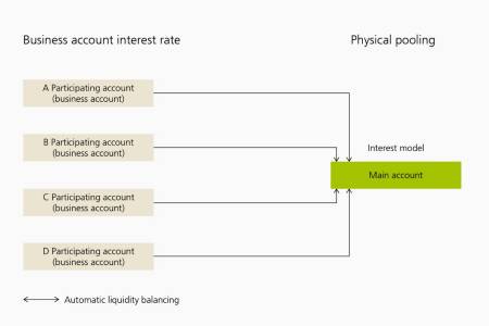 With physical pooling, the participating accounts each earn interest at the business account interest rate. An interest rate model is set up in the main account. Automatic liquidity balancing is possible between the accounts participating in the pooling and the main account. Liquidity balancing involves money being transferred between the participating accounts and the main account.