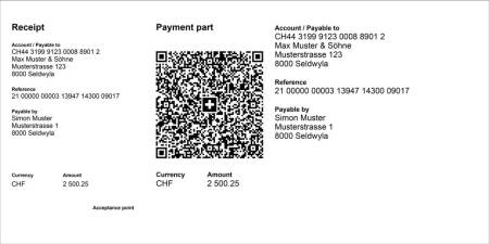 Example of a QR-bill showing the detachable receipt and payment part with the text element and QR code.