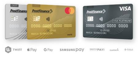 Le carte di credito di PostFinance. Supportano tutti i fornitori di servizi di pagamento mobili.
